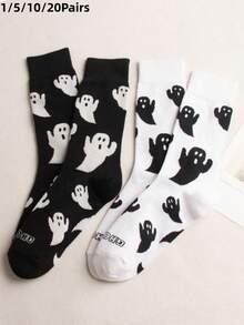 1/5/10/20 Pairs Women's Humorous Ghost Pattern Mid-Calf Socks, Suitable For All Seasons, Casual And Cute, Perfect For Daily Wear - Multicolor - View 1