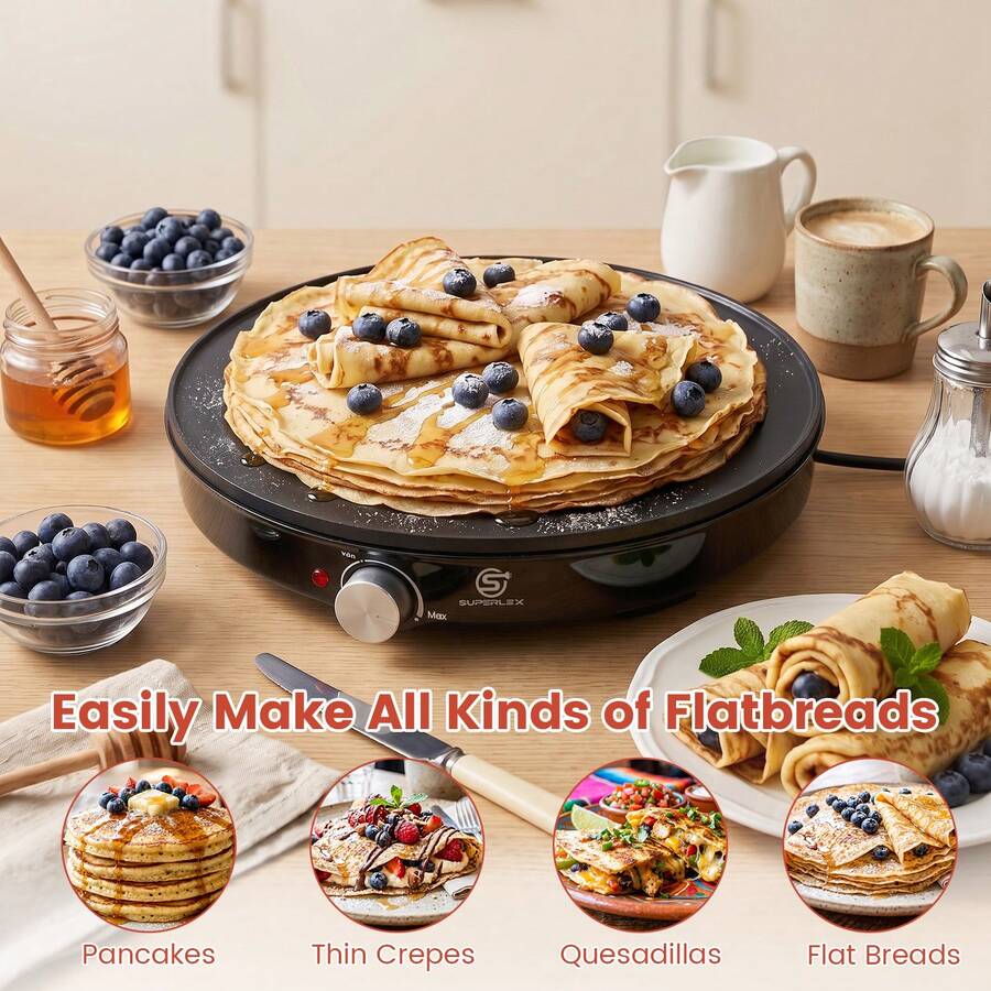 SUPERLEX Multifunctional Crepe Maker, Multi-Purpose Pancake Machine And Household Frying Pan. Featuring A Non-Stick Coating And A Scraper. Adjustable Temperature Control For Cooking Beef Steaks, Fried Eggs And Bacon. Ideal For Kitchen Breakfast Preparation.