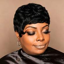 AMECIRE Straight Short Hair Wig Human Hair Wigs Pixie Cut Wig Black Wig With Bangs Fashionable Styling Elastic Mesh Cap Suitable For Everyday Wear - Natural Black - View 2