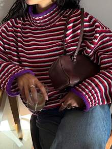 Plus Size Women's Street Fashion Striped Colorblock Long Sleeve Sweater - Burgundy - View 2