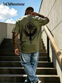 AnChiStreetwear - 大码男士夏季老鹰印花圆领短袖休闲T恤 - 軍綠色 - 查看 1