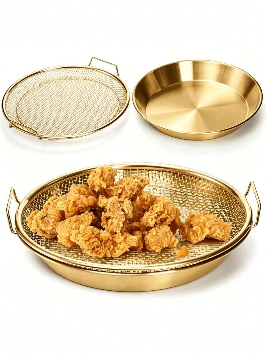 Brand New Gold-Plated Single Heavy-Duty Stainless Steel Fryer Rack And Drip Tray - Stackable Round Metal Mesh Basket With Drip Tray, Heat-Resistant, Durable For Frying, Stir-Frying, And Washing, Dishwasher (Multiple Options Available) - Multicolor - View 1