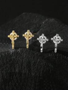 1對男士復古銅色十字架耳環，精緻小巧微鑲鋯石，低過敏，耶穌宗教設計，適合日常佩戴、聖誕節、新年、情人節、節日禮物 - 銀色 - 查看 13