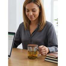 14oz/400ml Glass Tea Cup With Walnut Wood Lid And Handle, Extra Large Capacity Loose Leaf Tea Infuser Cup - Walnut - View 5