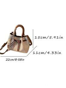 Off-White Woven Embossed Mini Handbag, Contrast Brown PU Handle, Front Buckle Decor, Geometric Style Daily Commute & Date - Beige - View 2