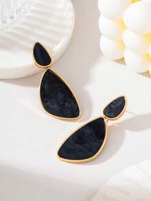 1Pair Fluid Texture Two-Tier Water Drop Earrings, Gold Trim Vintage Long Women Ear Jewelry - Green - View 2
