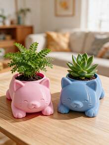 3D Printed Ins Macaron Healing Cat Planter Cartoon Animal Succulent Flower Pot Girl Desktop Makeup Brush Storage Soft Decor Ornament, - Cat - View 3
