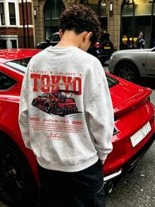 Sweatshirt Anak Laki-Laki Gaya Vintage Acid Wash, Motif Balap Tokyo Underground di Bagian Belakang, Gaya Streetwear Musim Gugur/Dingin, Atasan Kampus - Putih - View 1