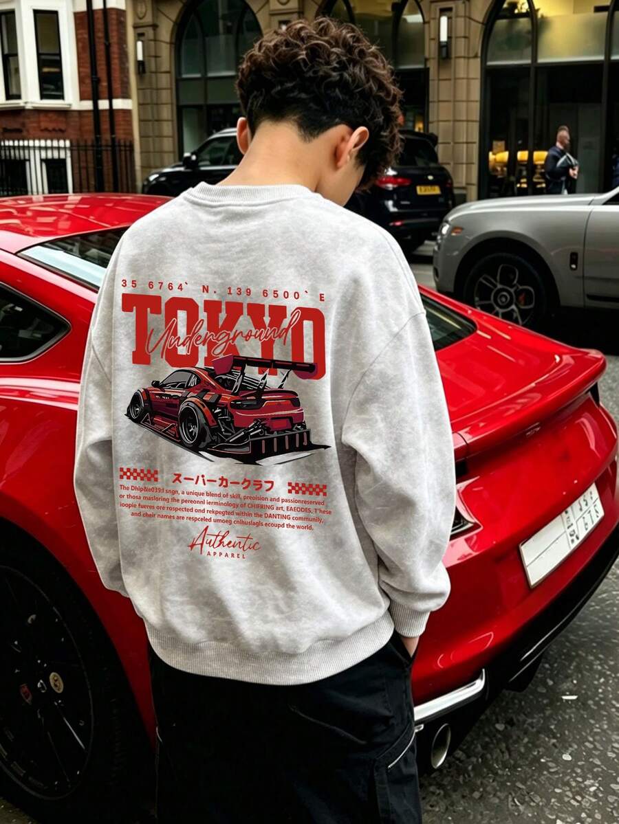 Sweatshirt Anak Laki-Laki Gaya Vintage Acid Wash, Motif Balap Tokyo Underground di Bagian Belakang, Gaya Streetwear Musim Gugur/Dingin, Atasan Kampus - Putih - View 1