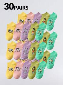 SpongeBob SquarePants 1/3/5/10双装女士短袜，趣味卡通印花短袜，透气吸湿低帮，适合夏季日常穿着 - 彩色 - 查看 16