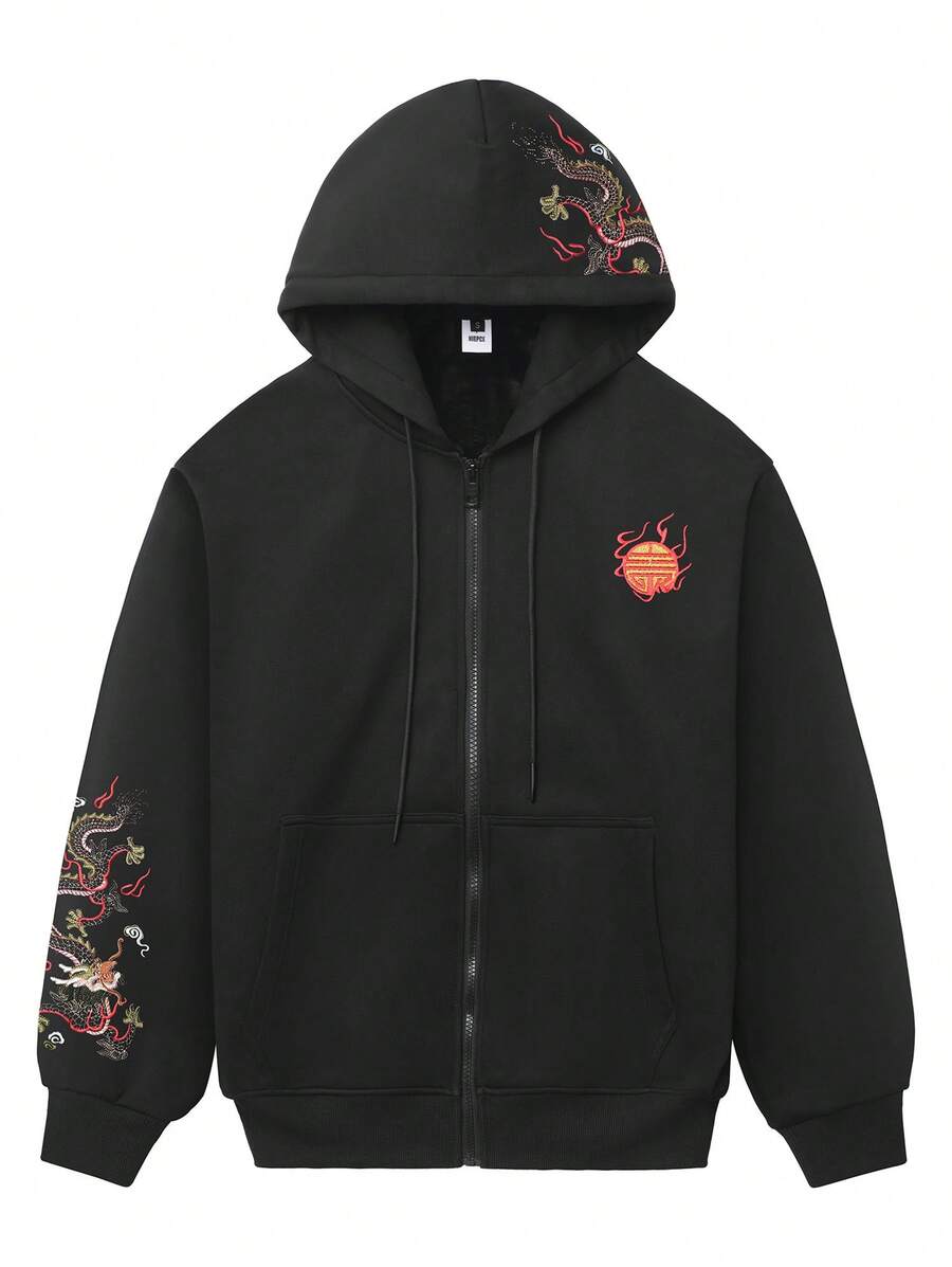 niepce Men's Japanese Streetwear Fleece Sweatshirt Embroidered Zip Up Hoodie - Black Dragon - View 1