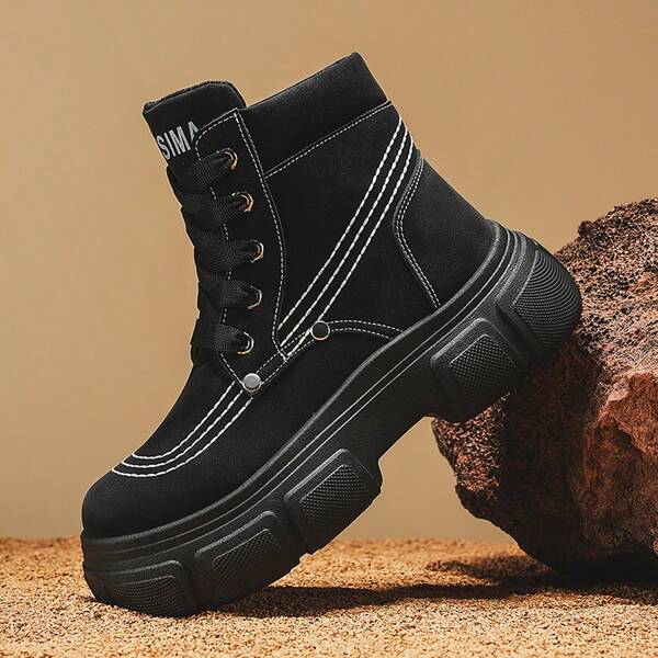 Men's High-Top Boots, Autumn/Winter Thick Sole Work Boots With Stitching, Fashionable Men's Boots