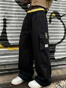 Celana Panjang Pria Hitam Model Kargo dengan Kancing Lipat, Potongan Lebar, Tali Serut, Pinggang Elastis, Saku, Potongan Longgar, Kasual, Olahraga. - Hitam - View 1