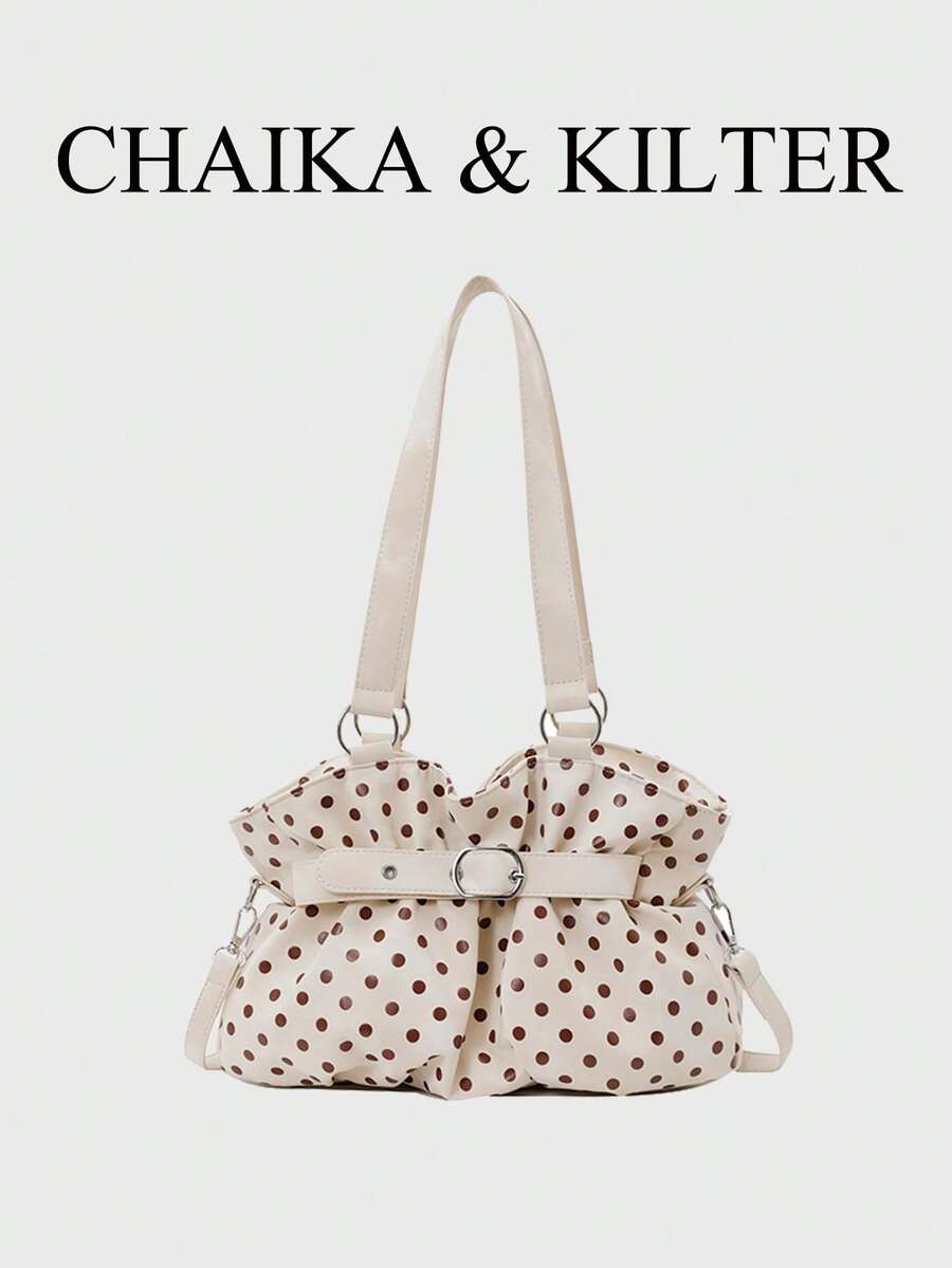 CHAIKA & KILTER 1件裝拼色PU布料托特包，女款時尚單肩托特包，滿版波點圖案，雙手柄設計，拉鍊開合，飾帶裝飾，適合日常與街頭使用