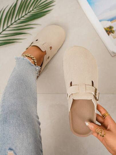Summer New Casual Women's Flat Sandals, Round Toe Backless Design Comfortable Soft Sole Women's Flat Shoes, Suitable For Travel, Street, Home, Party, Shopping And Other Casual Occasions, Women's Beige Sandals, Can Be Paired With Any Outfit Summer Slippers