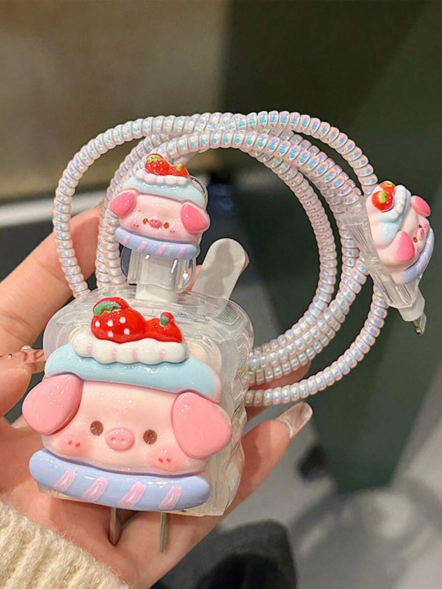 1個草莓蛋糕豬造型數據線保護套 20W 兼容 Apple - 粉色 - 查看 1