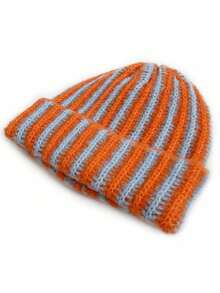 1pc Fashion Contrast Color Striped Knit Beanie, Warm Foldable, Unisex, Autumn/Winter - D - View 10