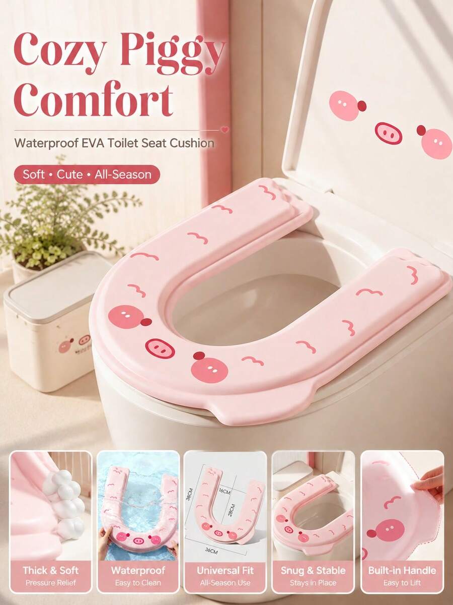 1pc Thickened Waterproof EVA Toilet Seat Cushion, Soft & Warm All Seasons, Anti-Pinch Design, Universal Bathroom Toilet Lid, With Handle, Easy To Remove And Wash, Cute Style, Suitable For Women - Multicolor - View 1