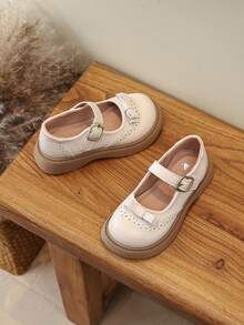 Girls' British Style Leather Shoes, T-Strap Brogue Carved Design, Versatile Student Shoes For Spring And Autumn - White - View 4