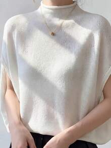 Cream White Semi-High Neck Fuzzy Knit Vest, Loose Drop Shoulder Silhouette + Ribbed Hem, Soft Skin-Friendly Spring/Autumn Layering Versatile Sleeveless Top - White - View 4