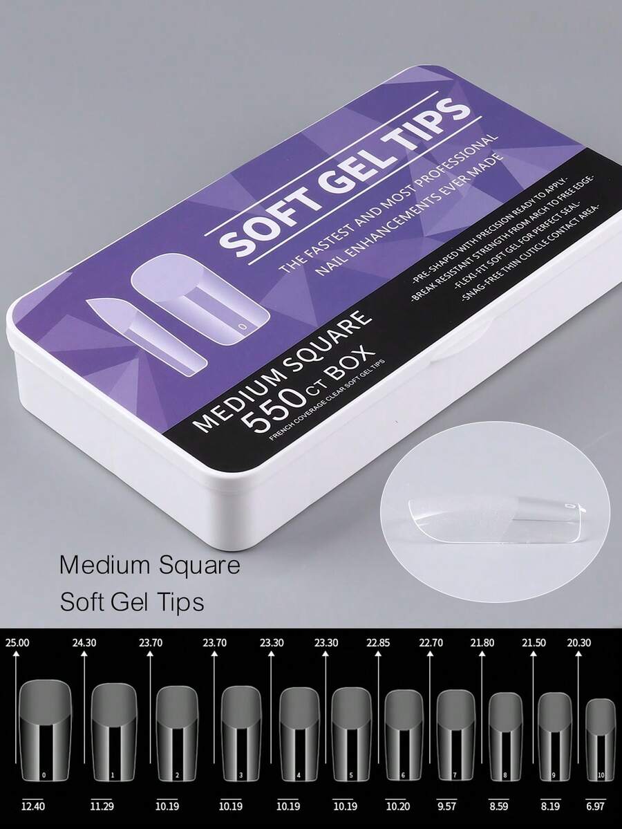 550 Peças Pontas de Unhas de Gel Macio Quadradas Médias, Unhas Postiças Removíveis de Cobertura Total, Unhas Artificiais Transparentes Pré-Polidas com Caixa de Armazenamento, 11 Tamanhos, Adequadas para Salão de Unhas e Manicure DIY, Suprimentos de Arte de Unhas - Transparente - Visão 1