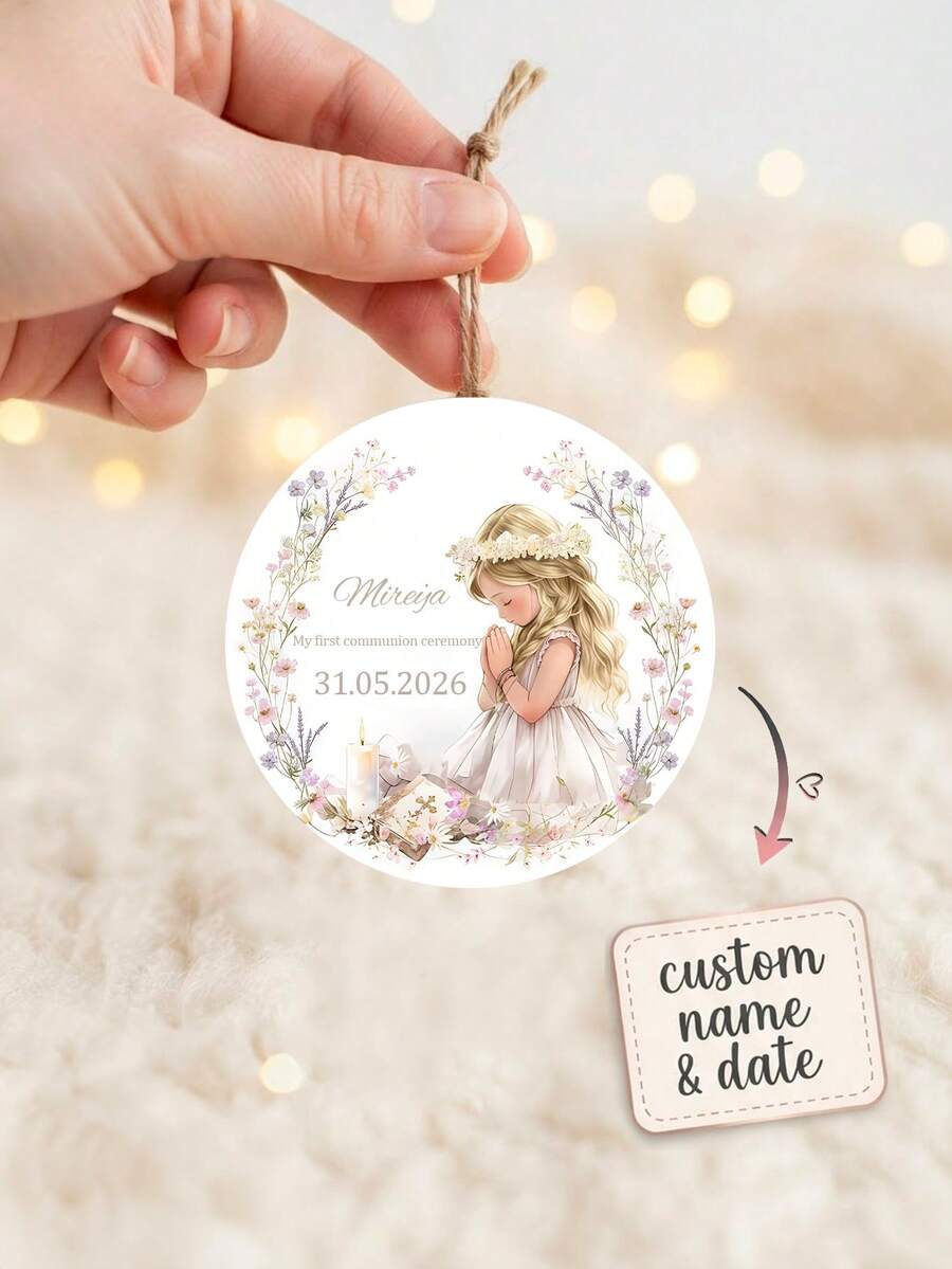 Etiquetas personalizadas para recuerdos de Primera Comunión, etiquetas redondas colgantes con nombre, fecha y diseño floral, etiquetas de regalo para ceremonia religiosa, etiquetas de recuerdo de comunión para niña - Multicolor - Ver 1