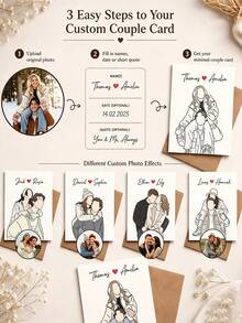 Personalized Custom Minimal Faceless Couple Portrait Card, Custom Photo And Names Line Drawing Greeting Card. Elegant Simple Outline Artwork, Thoughtful Romantic Souvenir For Anniversary, Engagement And Special Couple Occasions. - Multicolor - View 3