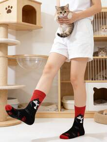 1/2/5 Pairs Women's Red Cat Mid-Calf Socks, Fashionable Unique Niche Soft Comfortable Cartoon Design For Daily Wear - Multicolor - View 6
