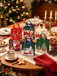 4pcs/Set Christmas Handheld Gift Bags, Santa Claus Sled Christmas Tree Castle Pattern, Snack Candy Bags, Happy Festival Decorations, Festival Decorations, Party Gifts, And Snacks - Multicolor - View 5