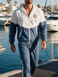 Men's Spring/Autumn Colorblock 2-Piece Sports Set | Hooded Zip-Up Jacket + Drawstring Cuffed Pants, Compass Print Casual Outdoor Outfit - Blue - View 3