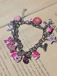 1pc Polka Dot Bow Heart Charm Bracelet, Leopard Print Star Bracelet, Cross Button Bracelet - Silver - View 6