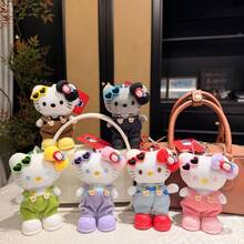 1pc Sanrio Hello Kitty Plush Bag Charm, Cute Fashion Glasses Doll Pendant With Corduroy Overalls, Adorable Cartoon Handbag Backpack Wallet Decoration, Soft Filled Collectible, Birthday Gift For Women And Girls, Multiple Colors - Multicolor - View 3