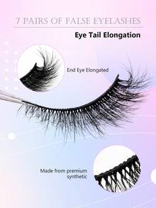 7 Pairs Cat Eye Faux Mink Lashes, Curled & Uplifted, Natural & Realistic, Messy Ends, Lengthening & Volumizing, Soft & Comfortable, Strip Eyelashes - 黑色 - 查看 3