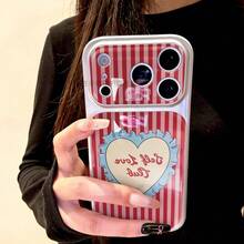 1 buah Casing Pelindung Bergaris Hati Lucu yang Kompatibel dengan Apple 16 / 17 Pro Max Model Terbaru - Hot Pink - View 2
