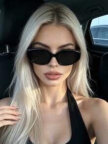 1pc Large Frame Oval Vintage Fashion Glasses, Rimless Multi-Purpose Women's Eyewear, Suitable For Travel, Holidays, Street Photography, Daily Wear, Beach Accessories - Black - View 4