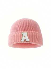 1pc Personalized Children's Knitted Hat, 26 Letters, Minimalist Solid Color, Versatile For Boys And Girls, Suitable For 3-8 Years Old, Daily Wear, Autumn/Winter - Pink - View 6
