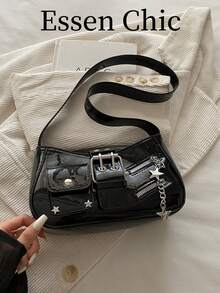 1pc Black Solid Color PU Baguette Shoulder Bag For Women - Black - View 8
