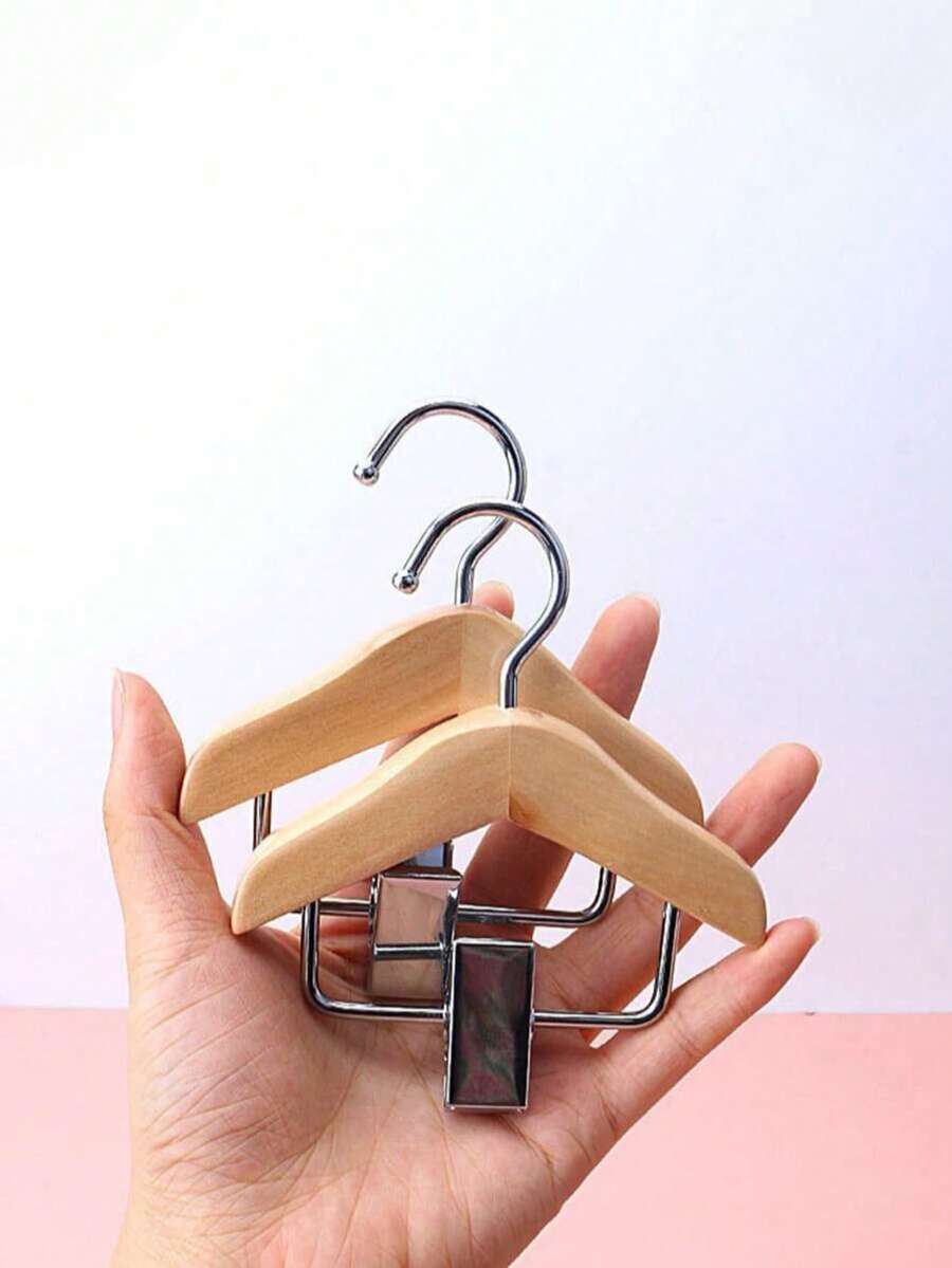 Small Wooden Clothes Hanger With Stainless Steel Clips, Pet Clothing And Accessories Hanging Rack, Polished Finish, Space-Saving Design, Suitable For Hanging Small Items, Bathroom Storage Rack