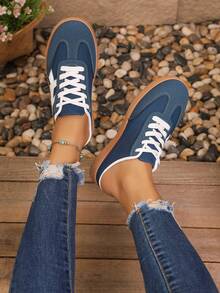 Women's Fashion Half-Slip-On Solid Color Sporty Lace-Up Metal Eyelet Flat Casual Shoes - Denim Blue - View 4