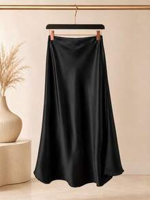 Women's Long Satin Skirt With Zipper - 深黑色 - 查看 4