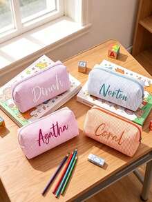 1pc Customized Bubble Fabric Stationery Bag, Jewelry Storage Bag, Embroidered Name Customizable, Fashion Flap Design, Pen Case, Makeup Bag, Coin Purse, Supports Name And Other Text Customization, Multiple Embroidery Thread Colors Available - Multicolor - View 6