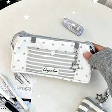2pcs,Cartoon Star Stripe Pencil Case,Simple Versatile Style,Star Stripe Print Design,High-Value Large Capacity Multi-Layer,Smooth Zipper,Storage For Pencils,Erasers And Other Stationery,Suitable For Students,Classroom,Exam,Travel,Birthday Party And Christmas Gift. - Pencil Case - View 6