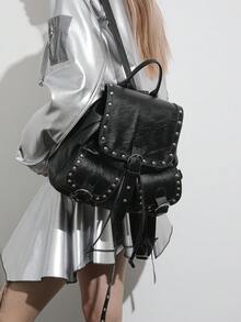 Dedoo Mochila con solapa y cordón, unicolor con ribete de remaches, bolsillos dobles, gran capacidad, mochila escolar, campus universitario, mochila diaria de estudiante estilo retro punk - Negro - Ver 6