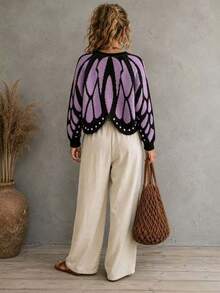 Butterfly Cape Halloween Knit Button Cardigan, Vibrant Contrast Color Crochet Jacquard Design, Loose Batwing Long Sleeve Shawl Visual Sweater, Spring/Autumn Atmospheric Outerwear Cardigan, Slim Fit Bright Premium Sweater - Purple - View 5