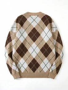 Casual V-Neck Retro Argyle Knit Cardigan - Mocha Brown - View 2
