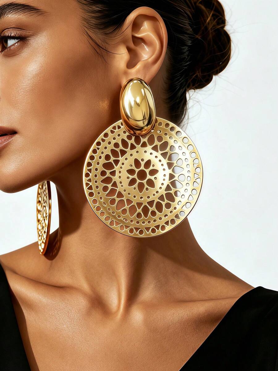 1 Pair European And American Modern Style Shiny Polished Gold-Plated Metal Oversized Round Multi-Layer Concentric Hollow Long Drop Earrings For Women, Exaggerated Heavy-Duty Geometric Design For Party And Vacation - Yellow Gold - View 1