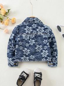 Baby Girls Spring Autumn Floral Print Denim Jacket,Lapel Button Down Coat With Pockets For Daily Home Outdoor Wear New - Blue - View 8