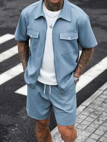 Men's Casual Solid Color Zipper Placket Pocket Shirt And Shorts Set - Dusty Blue - View 4