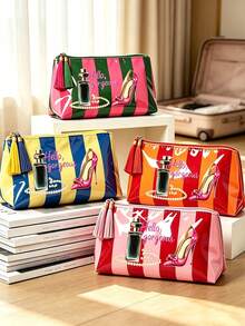 Colorful Striped Beach Makeup Bag With "Hello Gorgeous" Letter, Perfume And High Heel Pattern, Tassel Zipper, Cute Colorful Beach Pattern Decoration, Waterproof PVC Toiletry Bag, Portable Travel Cosmetic Storage Bag, Multi-Functional Toiletry Bag, Vacation Makeup Storage Bag, Perfect For Beach, Pool, Cruise And Holiday Essentials, Birthday Gift, Party Gift, Wedding Gift, Back To School Gift, Travel Souvenir - Multicolor - View 4