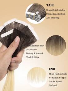 JIAMEISI 20pcs Seamless Glue-In Hair Extensions, Ombre Gray Brown To Platinum Blonde, Remy Human Hair For Women - S8/60 - View 3